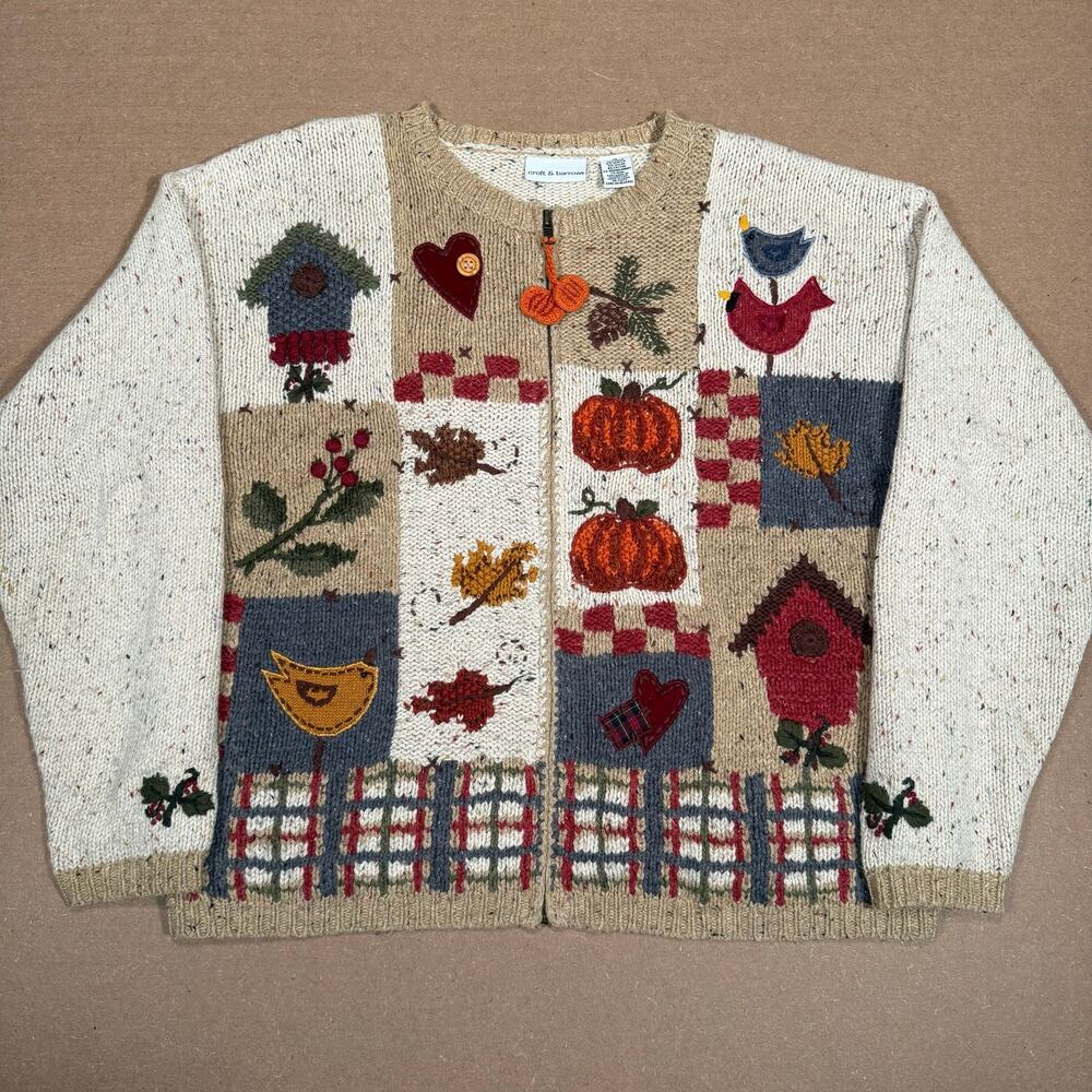 Vintage Autumn Harvest Patchwork Knit Zip Sweater Pumpkin Bird Cottagecore - Picture 2 of 8